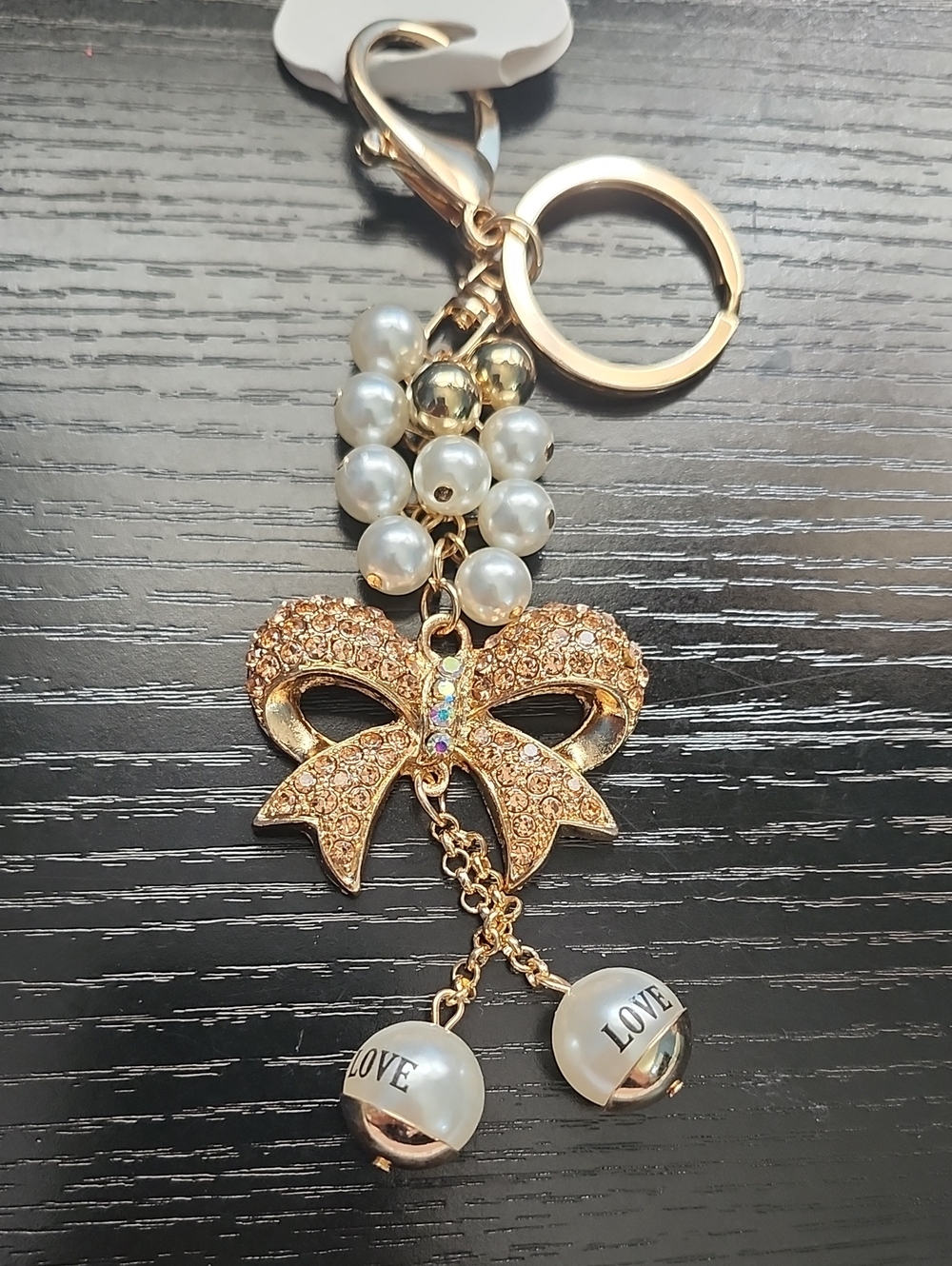 Gold Pearl Bow Keychain Bag Charm - LOVE Accent